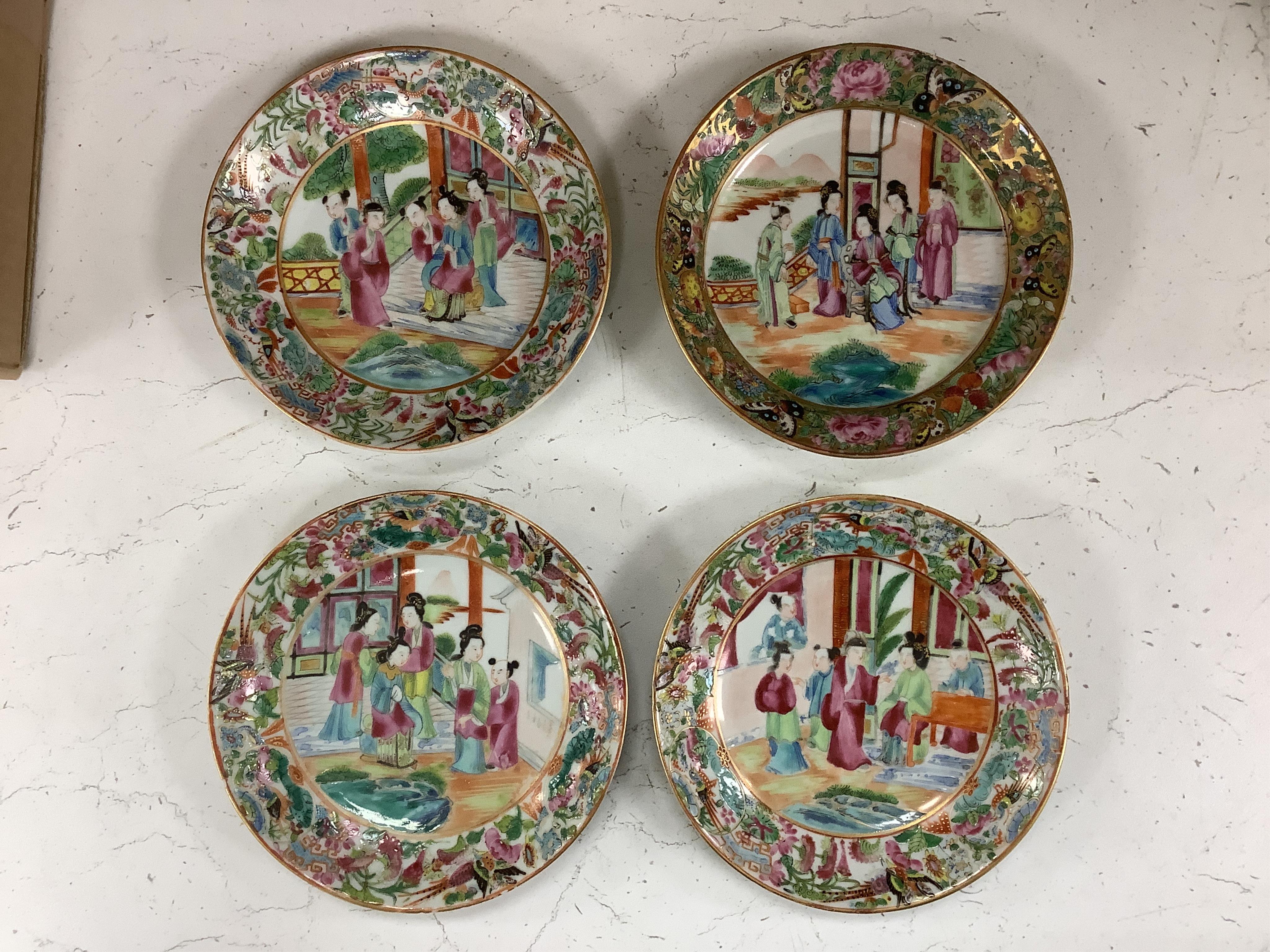 A collection of Chinese Canton figural plates, 19th century, together with an 18th century export famille rose saucer, largest 16cm (7)